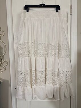 Lane Bryant White Boho Crochet Lace Tiered Maxi Skirt Plus Size 18/20